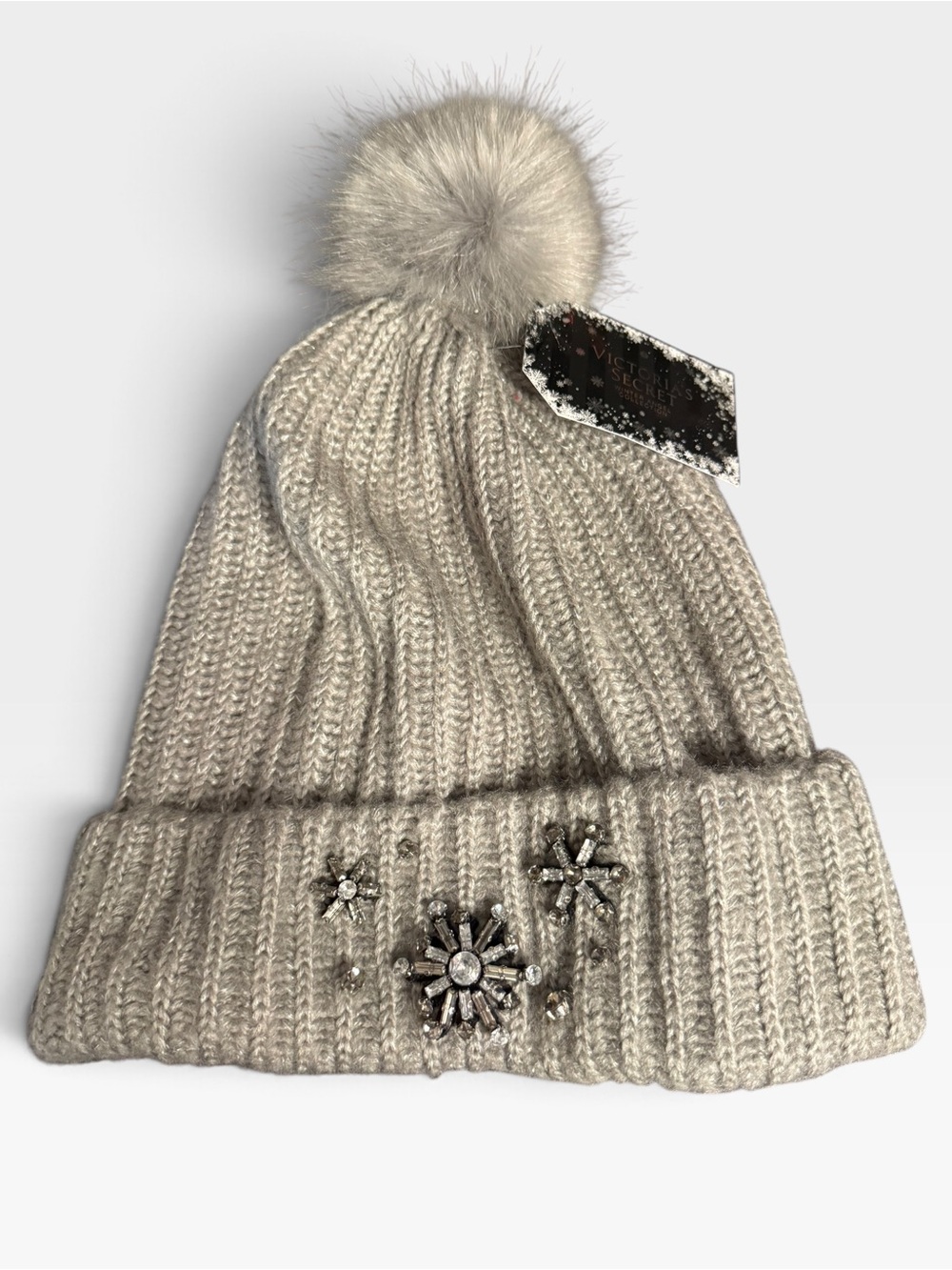 Victoria's Secret Gray Snowflake Sparkle Pom Pom Beanie